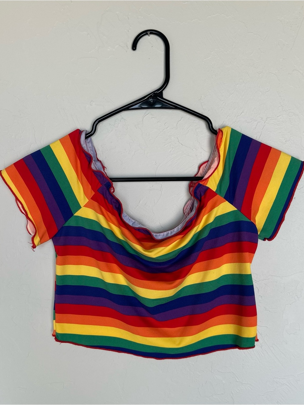 SHEIN Rainbow Stripe Off-Shoulder Crop Top - Red Orange Yellow Green Blue Purple